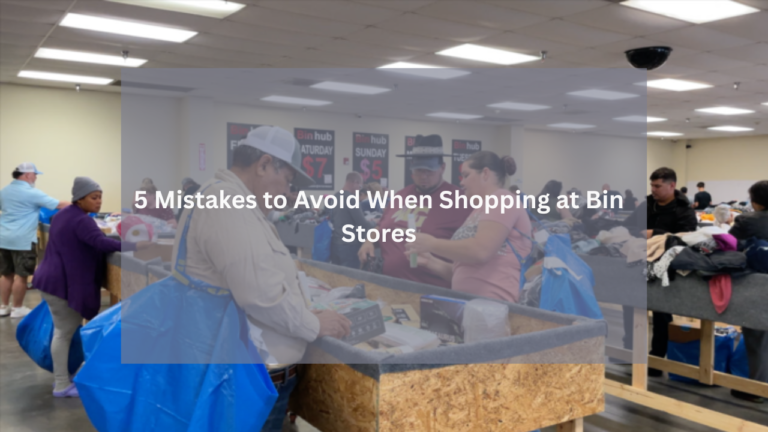 Shoppers sorting through merchandise at wooden bins inside a busy bin store, with signage displaying daily pricing and large blue shopping bags in use.