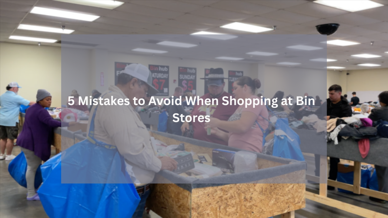 Shoppers sorting through merchandise at wooden bins inside a busy bin store, with signage displaying daily pricing and large blue shopping bags in use.