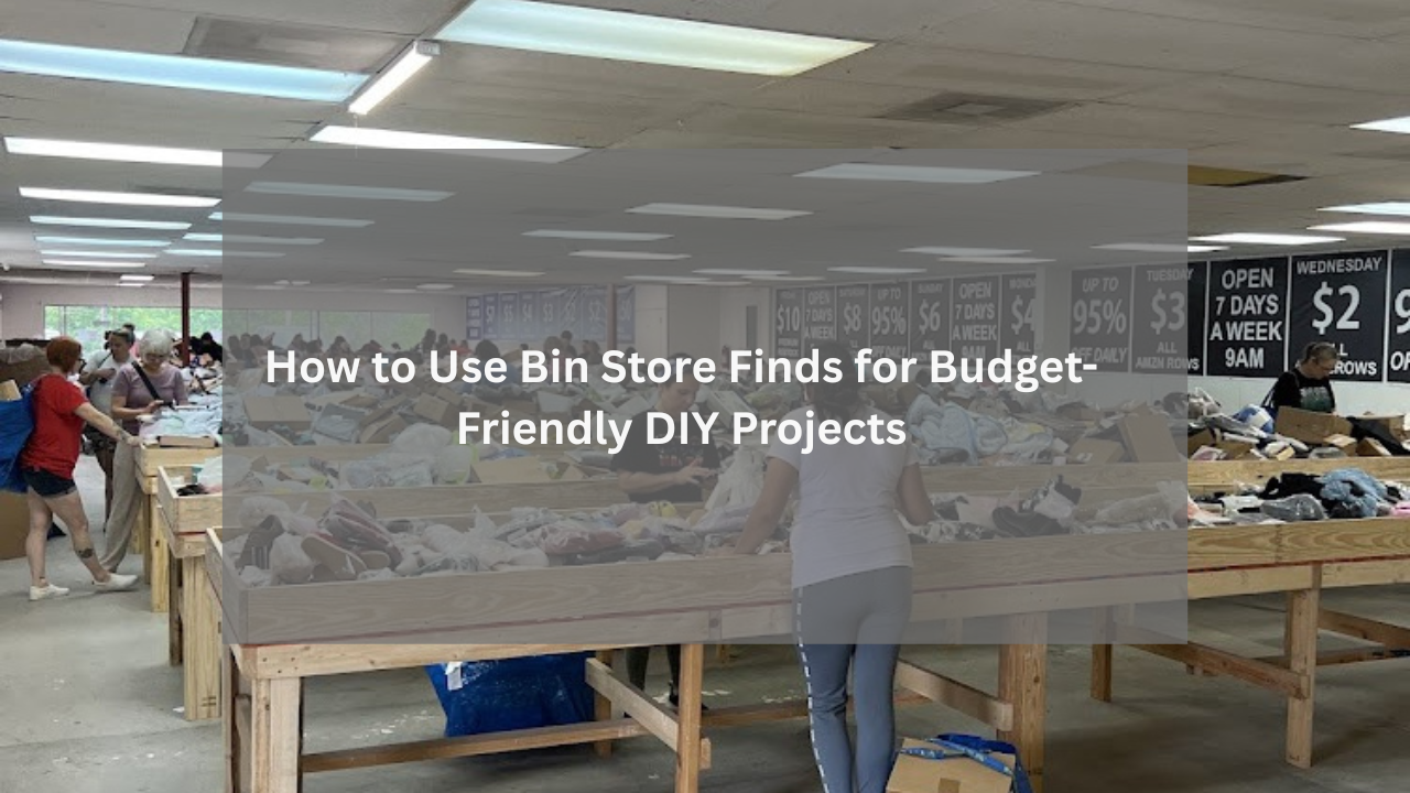Shoppers browse through large wooden bins filled with assorted merchandise at a brightly lit bin store, with price signage for different days visible on the back wall.