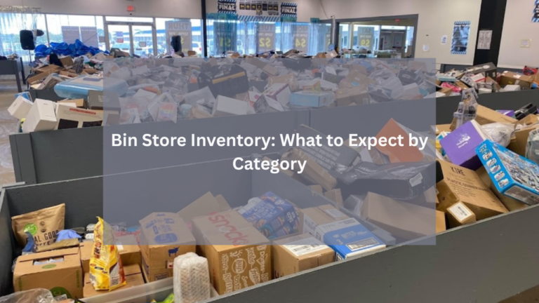 Large bins filled with assorted overstock and returned retail items inside a busy bin store, representing the wide variety of product categories available to shoppers.