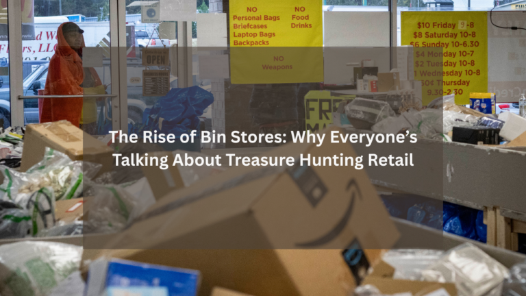 Inside view of a bin store with overflowing product bins and posted pricing signs, capturing the busy atmosphere of treasure-hunting retail.