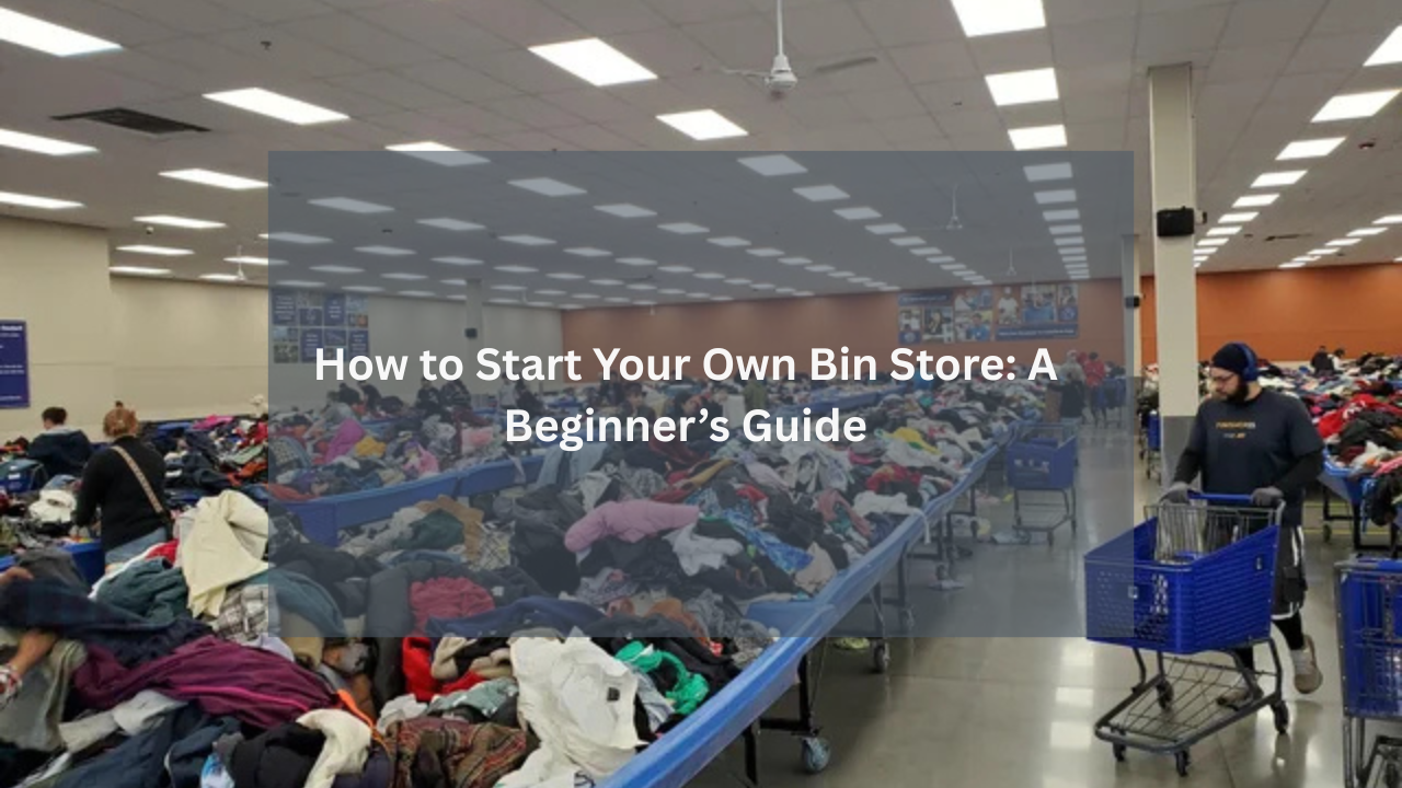 Shoppers browsing through rows of large blue bins filled with assorted clothing inside a spacious bin store, illustrating a typical setup for a liquidation retail business.