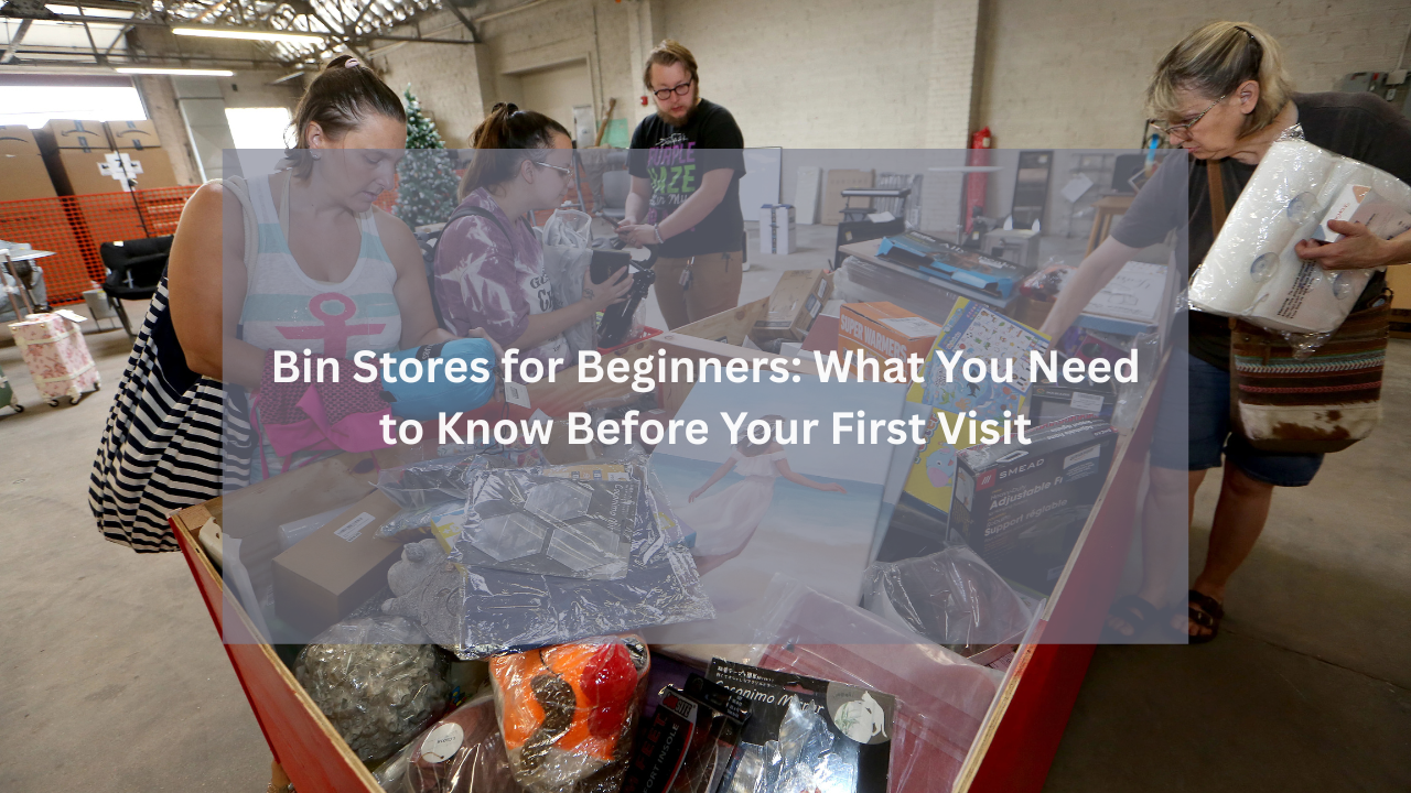 First-time shoppers browsing through assorted merchandise in large red bins at a discount bin store, examining products and comparing finds in a warehouse setting.