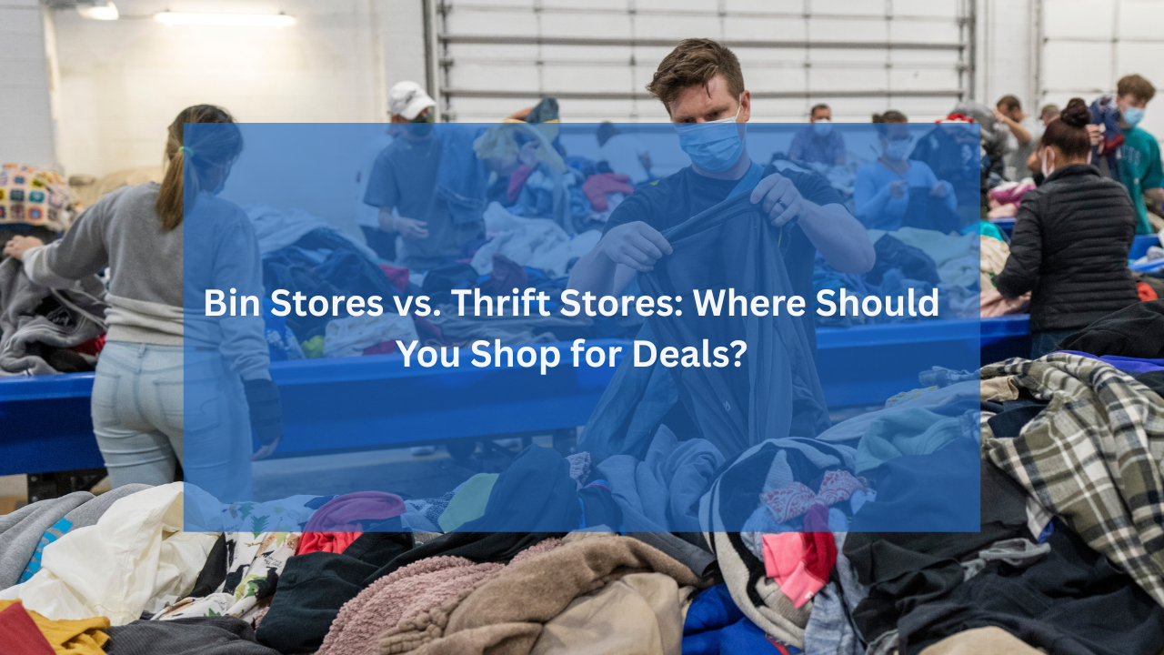 Shoppers browse through bins overflowing with secondhand clothing in a well-lit retail space. One man in the center holds up a dark jacket for inspection, while others search for deals. Most people are wearing face masks.