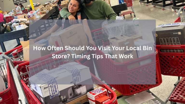 Shoppers at a busy bin store smiling with shopping carts full of discounted boxes and products, showing a successful haul.