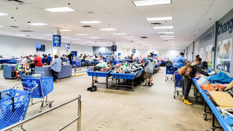 Shoppers browsing through large blue bins filled with secondhand items at a busy Goodwill Outlet store, with shopping carts and checkout counters visible.