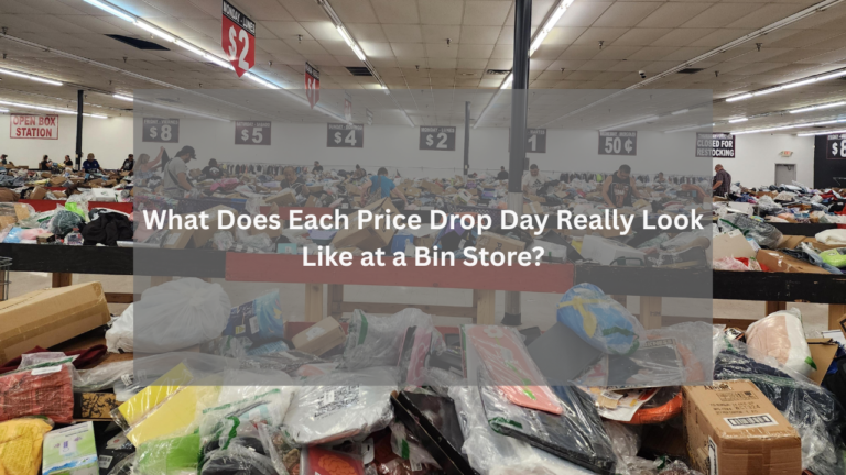 Shoppers browsing through bins filled with discounted items under price drop signs at a busy bin store, with prices ranging from $8 to 50 cents