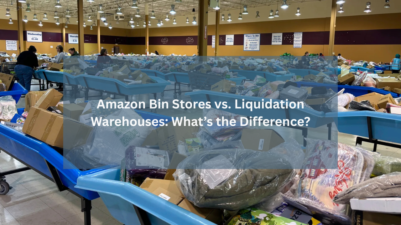 Interior of a busy Amazon bin store with rows of blue bins filled with discounted returned and overstock items, highlighting the difference between bin stores and liquidation warehouses.