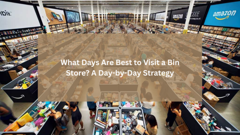 Shoppers browsing through rows of product-filled bins in a large, well-lit Amazon bin store, representing the different days and strategies for bin store shopping.