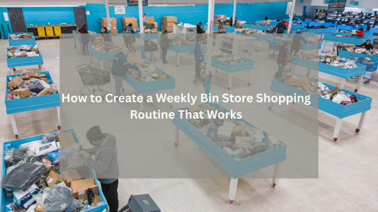 Shoppers browsing through blue bins filled with assorted merchandise in a well-organized bin store, illustrating a structured weekly shopping routine.