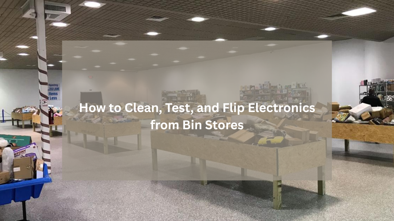 Shoppers browsing through wooden bins filled with various electronics and gadgets inside a well-lit bin store with gray flooring and white walls.