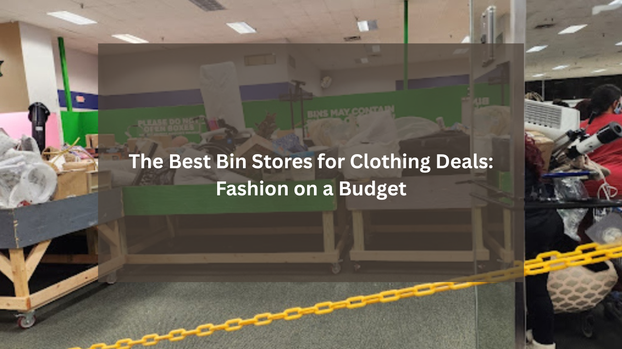 A busy bin store filled with shoppers browsing through large bins overflowing with assorted clothing and merchandise. A green sign in the background reads "BINS MAY CONTAIN," and a yellow chain marks a restricted area in the foreground.