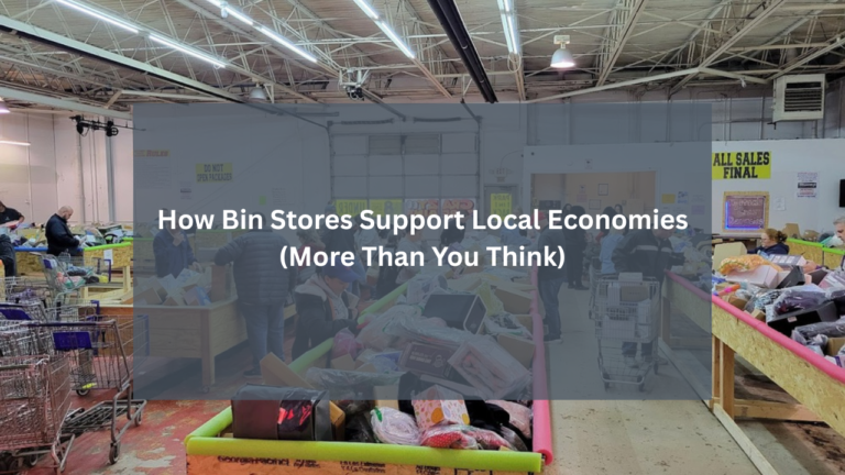Shoppers browsing through multiple product bins at a busy bin store, highlighting a lively retail environment that supports local economic activity.