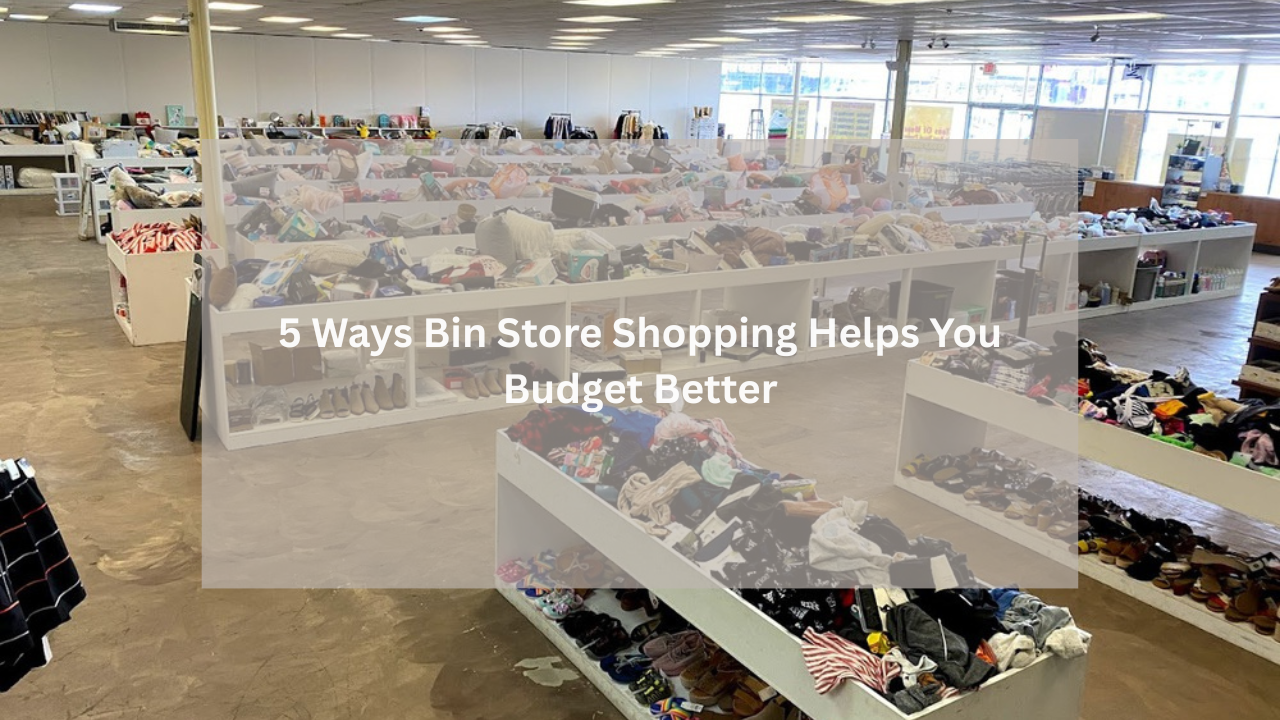 Wide view of a clean, organized bin store with various clothing, shoes, and household items displayed in open bins under bright natural lighting.