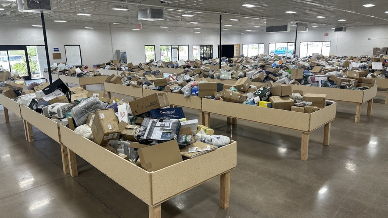 Large indoor bin store with rows of beige wooden tables overflowing with assorted boxed and bagged merchandise, under bright ceiling lights and polished concrete floors.