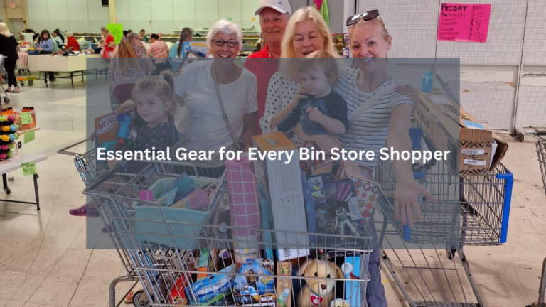 A cheerful group of shoppers, including adults and children, posing with two full shopping carts filled with toys and household items inside a busy bin store.