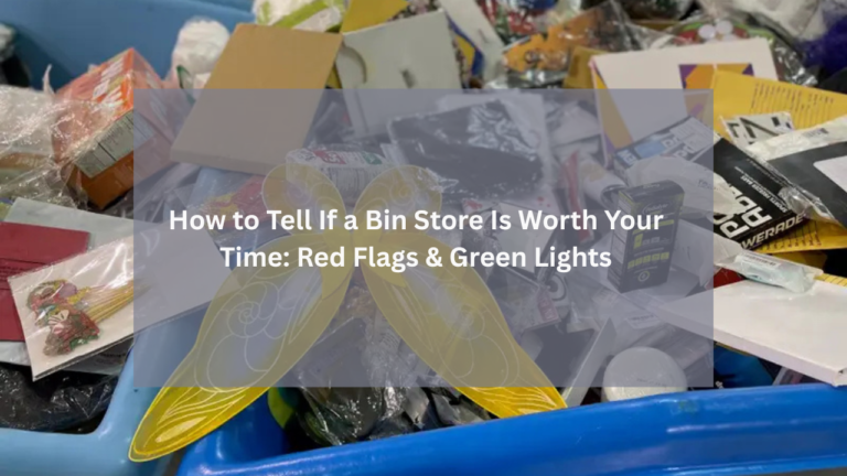 Shoppers browse through a bin filled with assorted discounted items including electronics, stationery, and household goods at a bin store, illustrating the variety and unpredictability of bin store inventory.