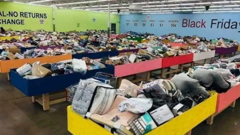 A vibrant bin store packed with assorted products in color-coded bins, featuring large signs advertising steep daily discounts from $7 on Fridays to just 50¢ on Wednesdays.