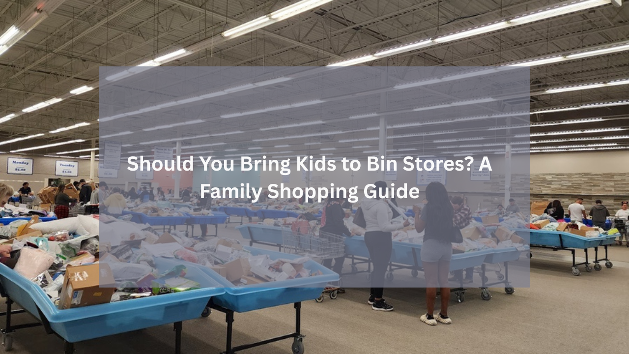 Shoppers, including families with children, browse through large blue bins filled with discounted merchandise inside a spacious, well-lit bin store