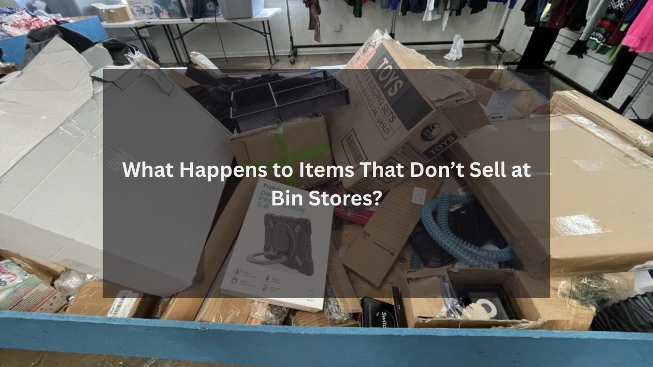 A bin filled with unsold merchandise, including electronics, toys, and boxed items, inside a bin store with clothing racks visible in the background.