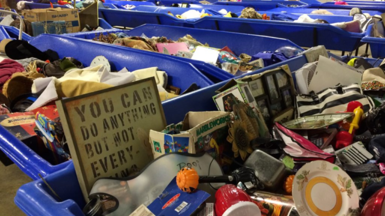Shoppers browse through large blue bins filled with assorted secondhand items, including home decor, toys, kitchenware, clothing, and electronics at a bin store.